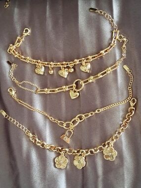 4 Pcs Gold-Tone Layered Charm Bracelet Set - Hearts, Lock & Flowers Bundle